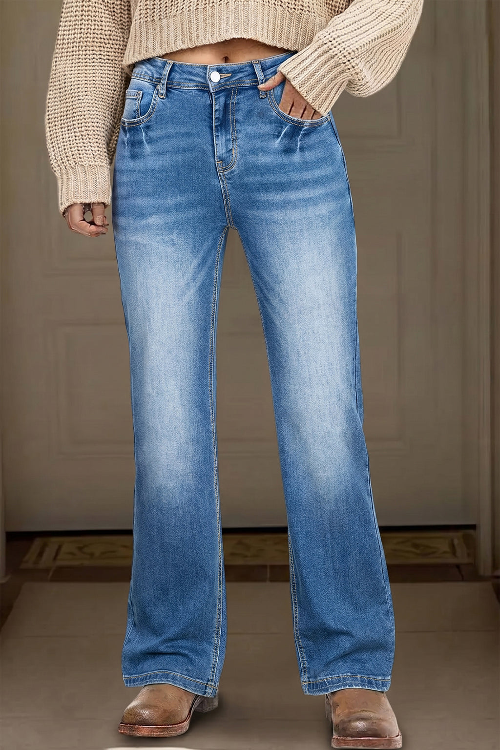 Acid Washed Straight Leg Full Length Casual Jeans