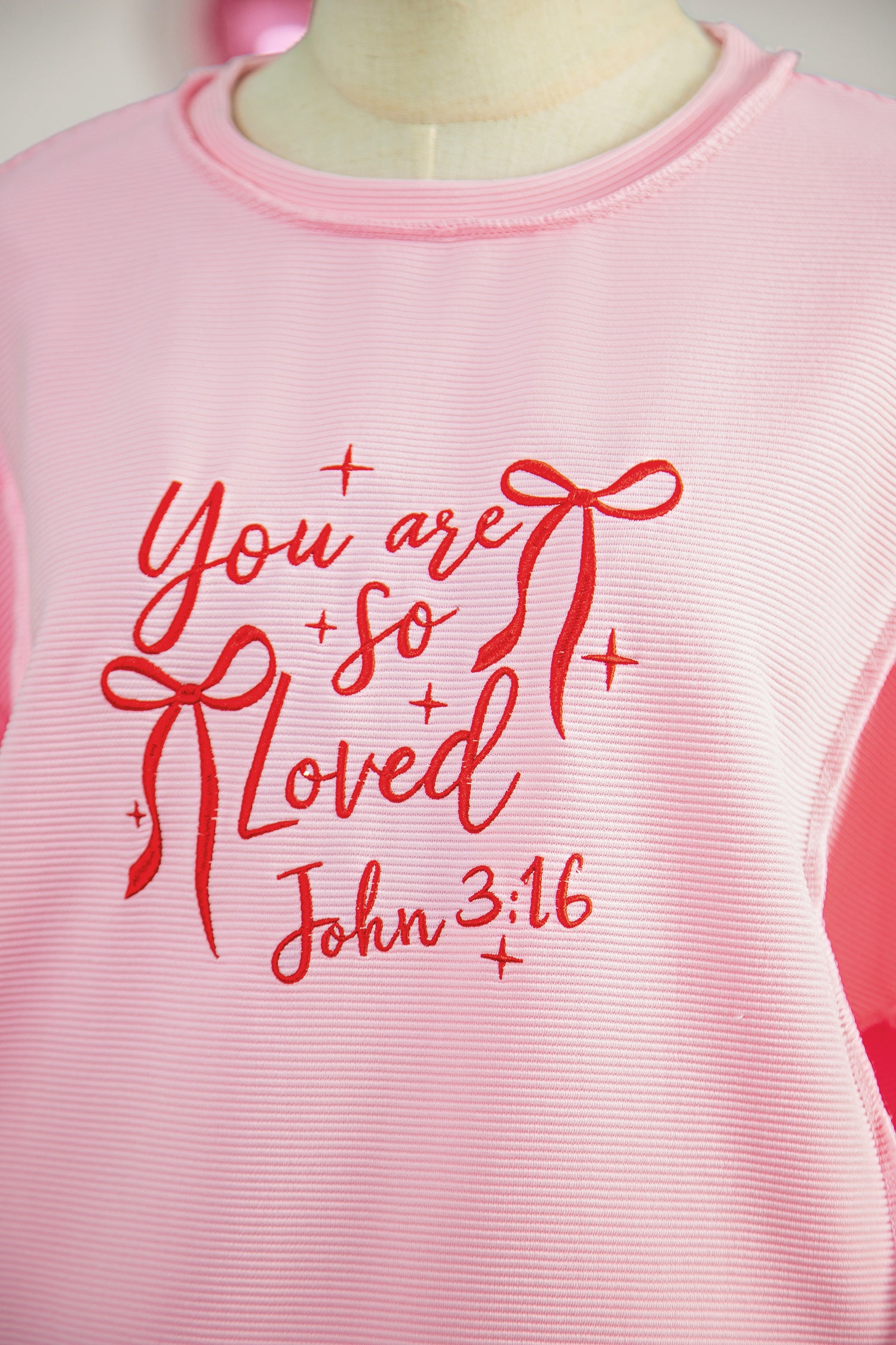 Pink you are so loved Bow Embroidered Graphic Pullover Top