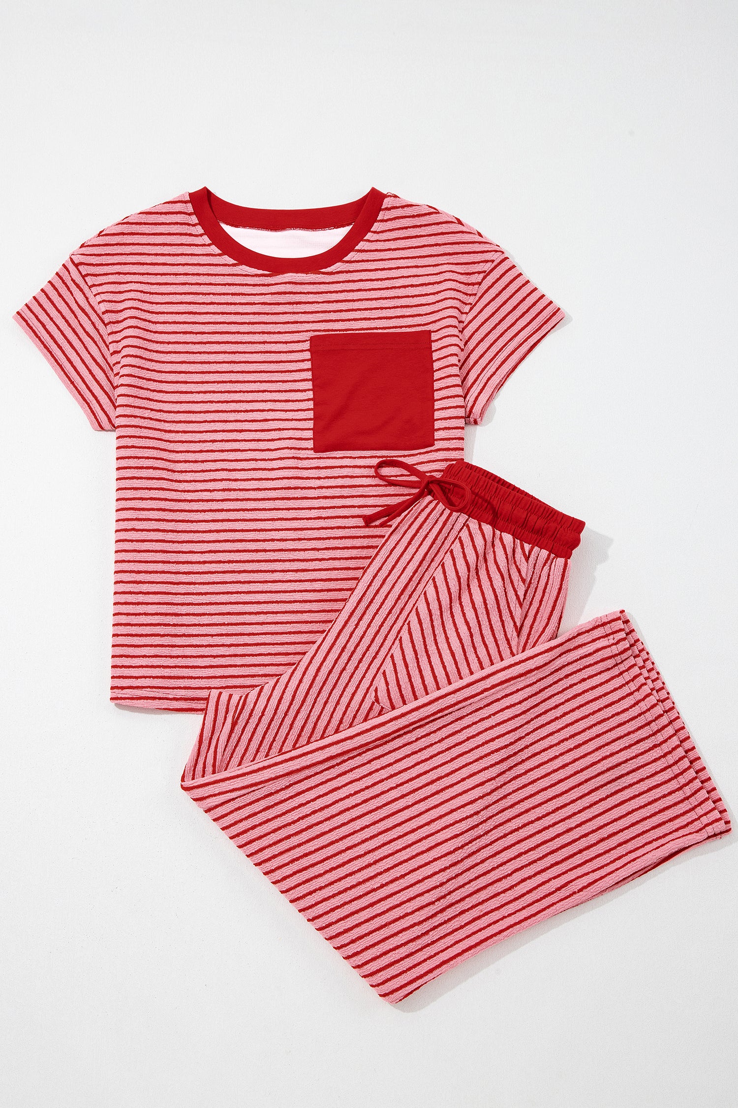 Sky Blue Stripe Crew Neck Tee Drawstring Waist Cropped Pants Set