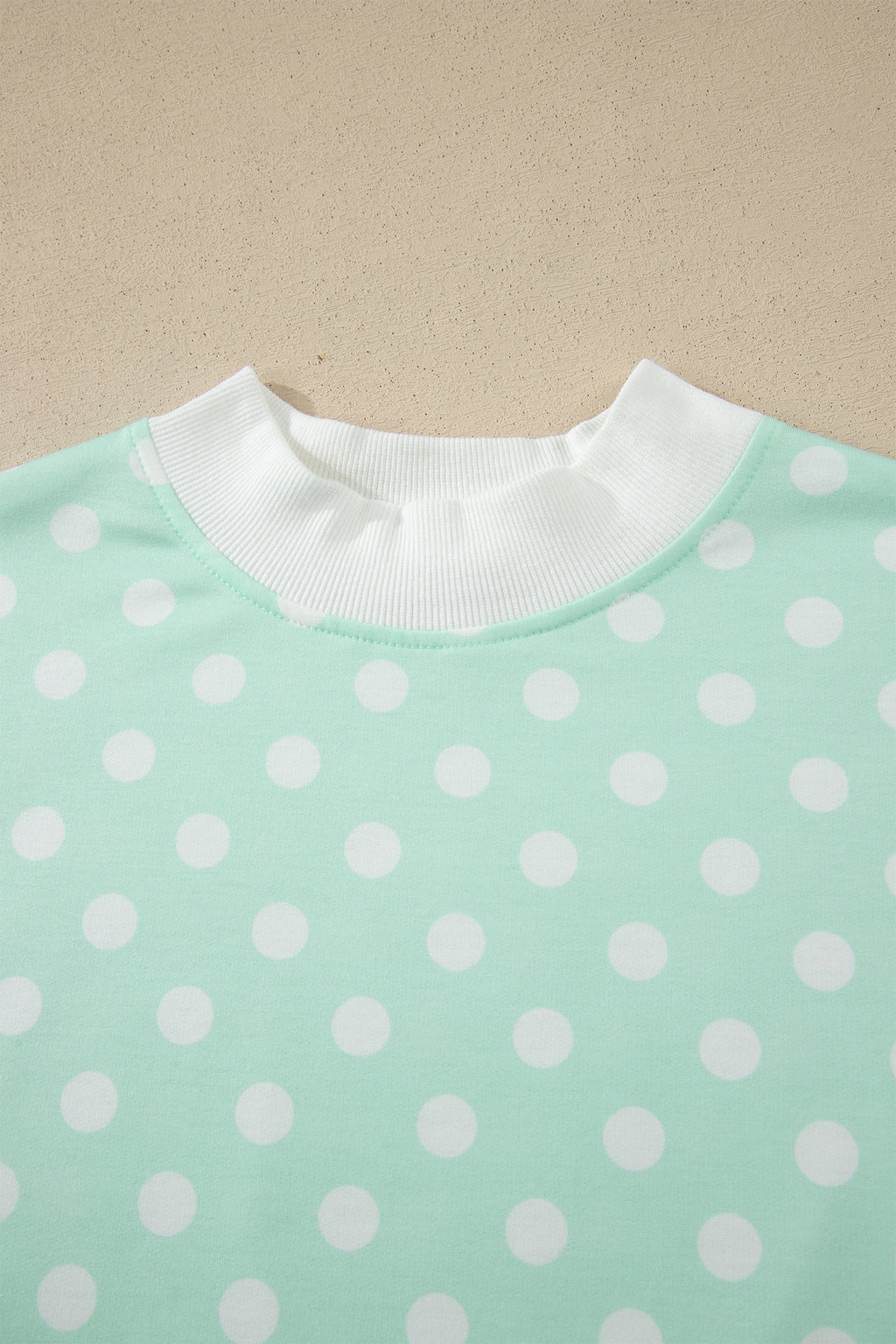 Sky Blue Polka Dot Print Color Block Trim Mock Neck Short Set