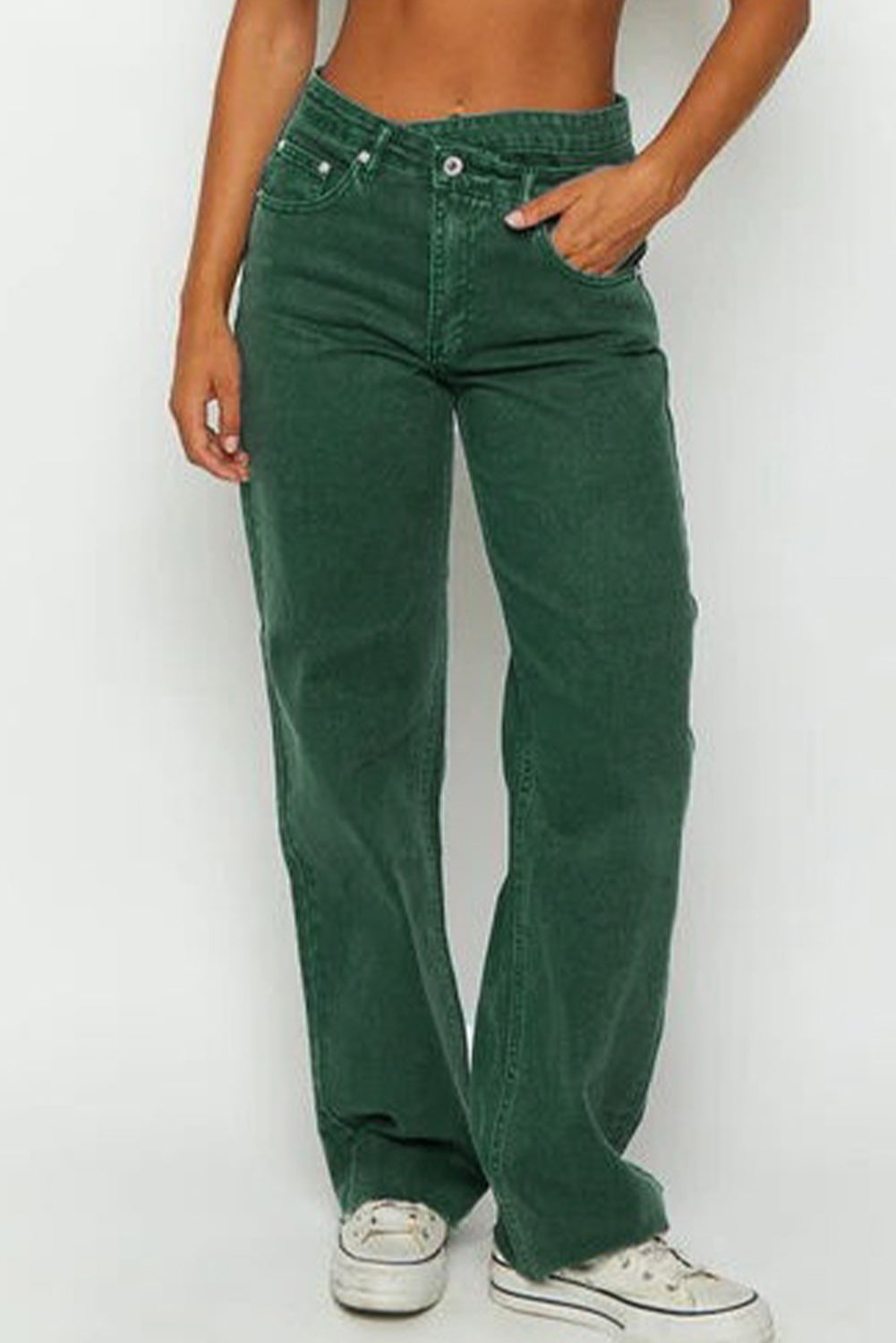 Green Crossed Waist Raw Hem Shift Jeans