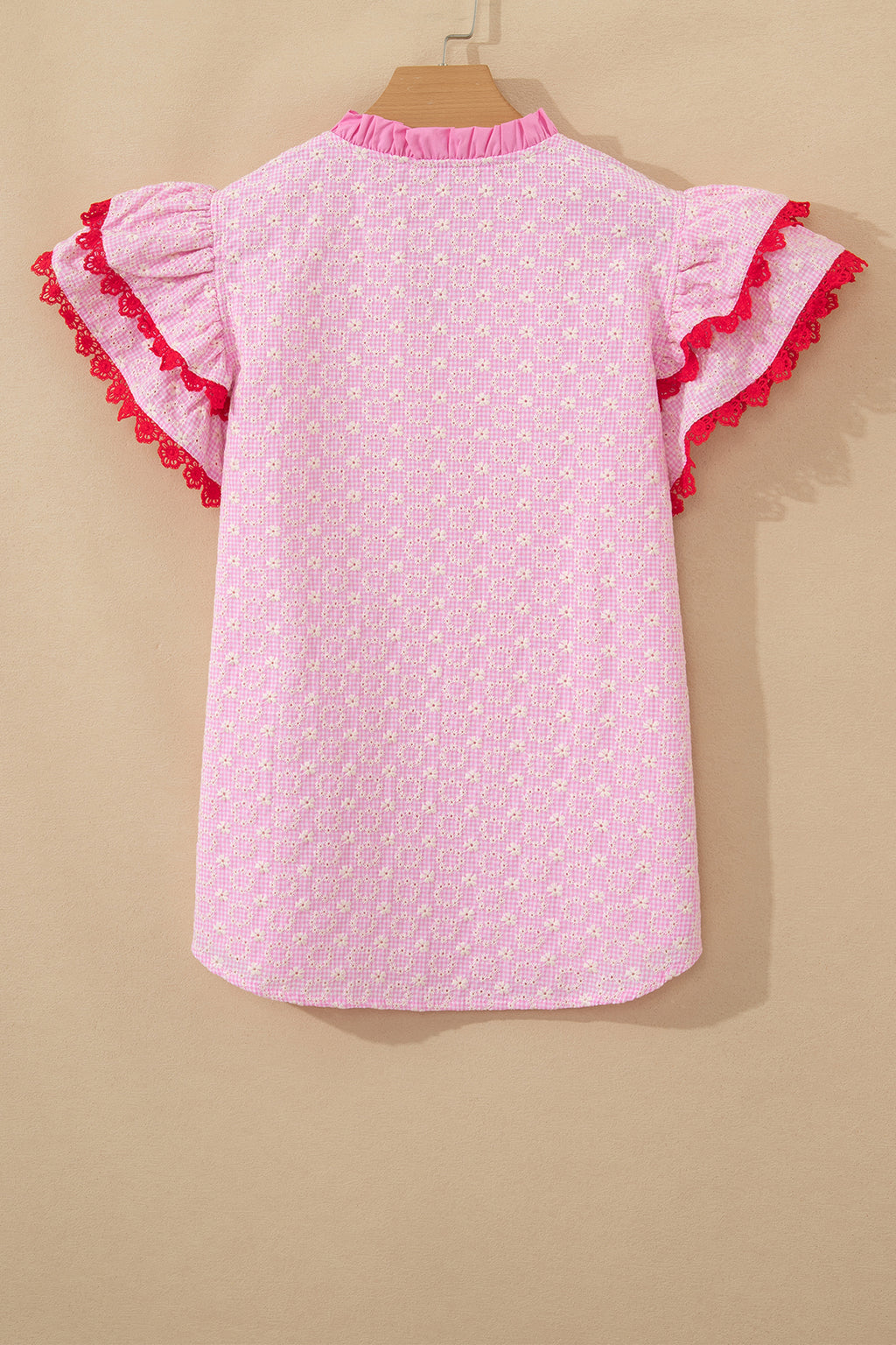 Pink Eyelet Embroidered Flower Texture Contrast Lace Trim Flutter Sleeve Blouse