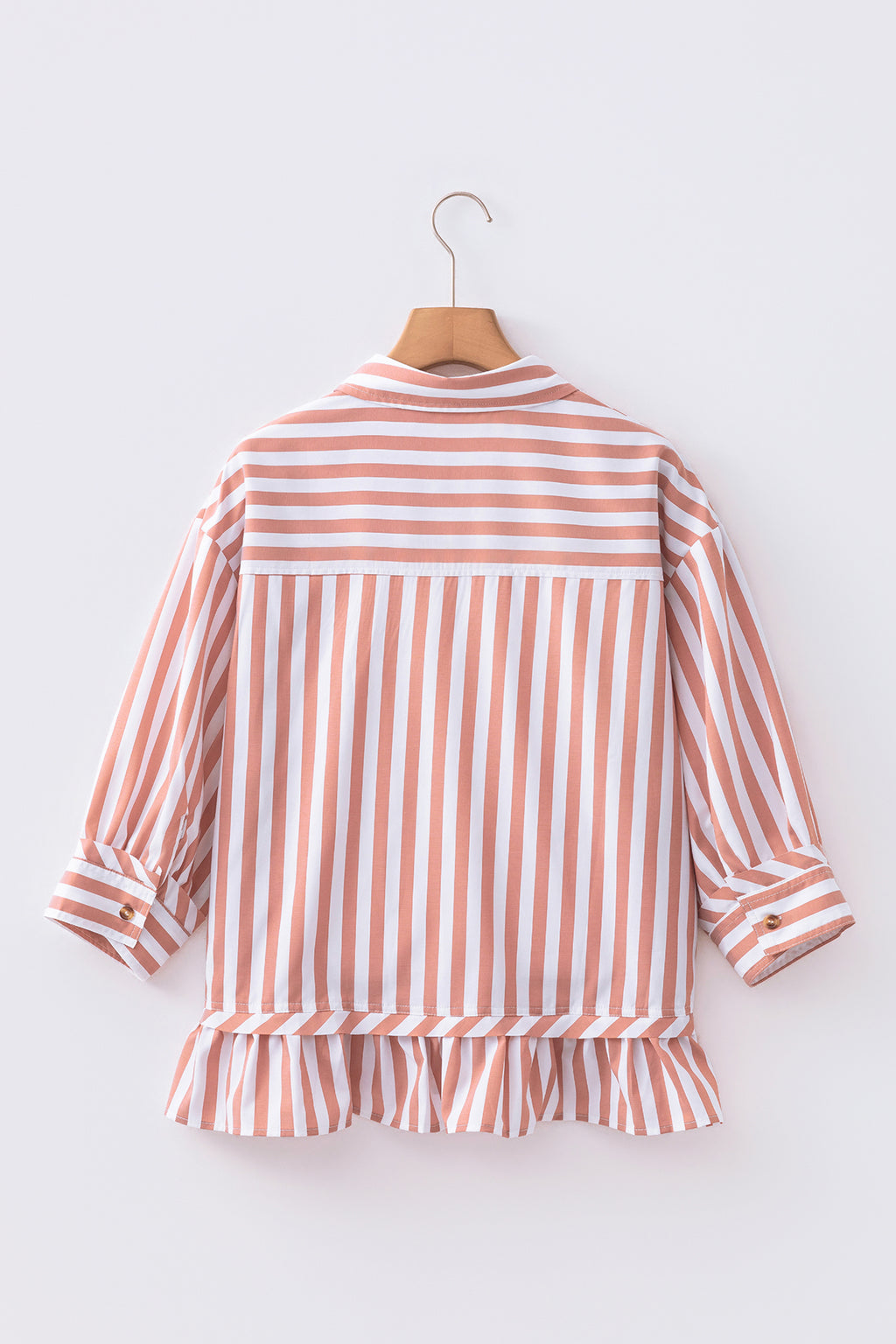 Khaki Stripe Button Front Ruffle Hem Bracelet Sleeve Shirt