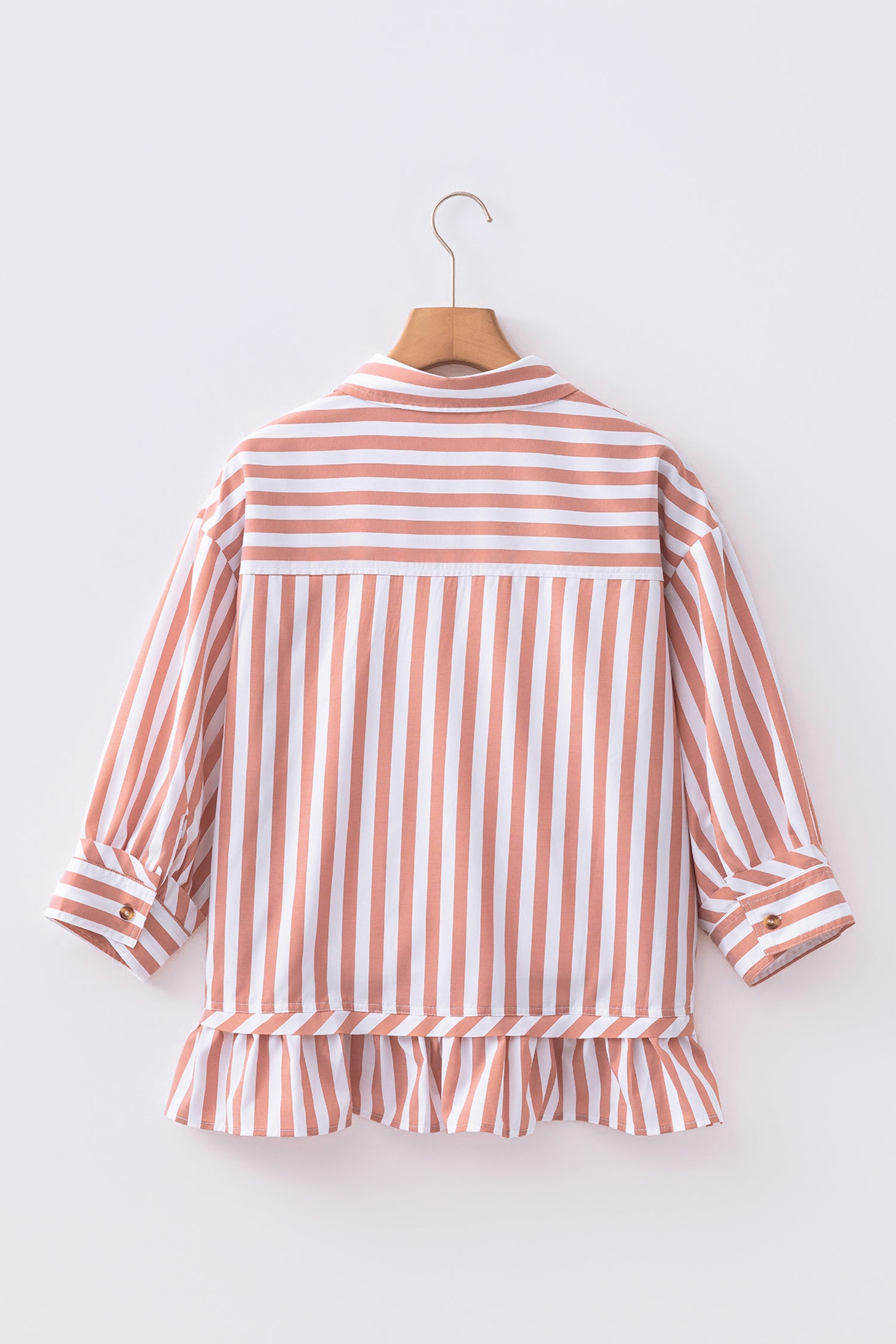 Khaki Stripe Button Front Ruffle Hem Bracelet Sleeve Shirt