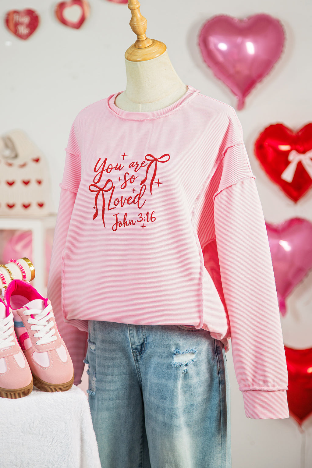 Pink you are so loved Bow Embroidered Graphic Pullover Top