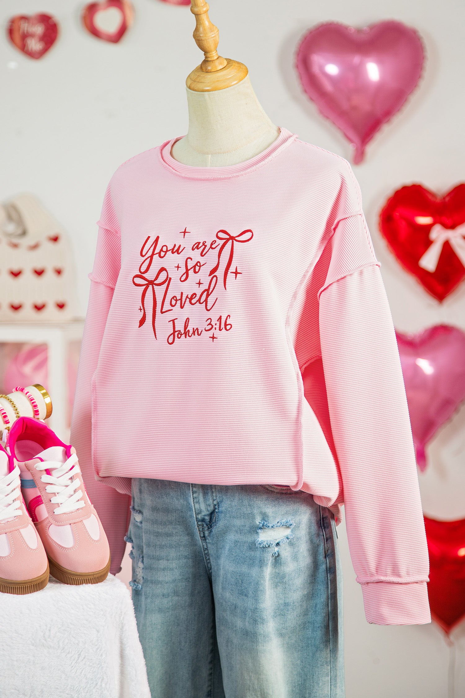 Pink you are so loved Bow Embroidered Graphic Pullover Top