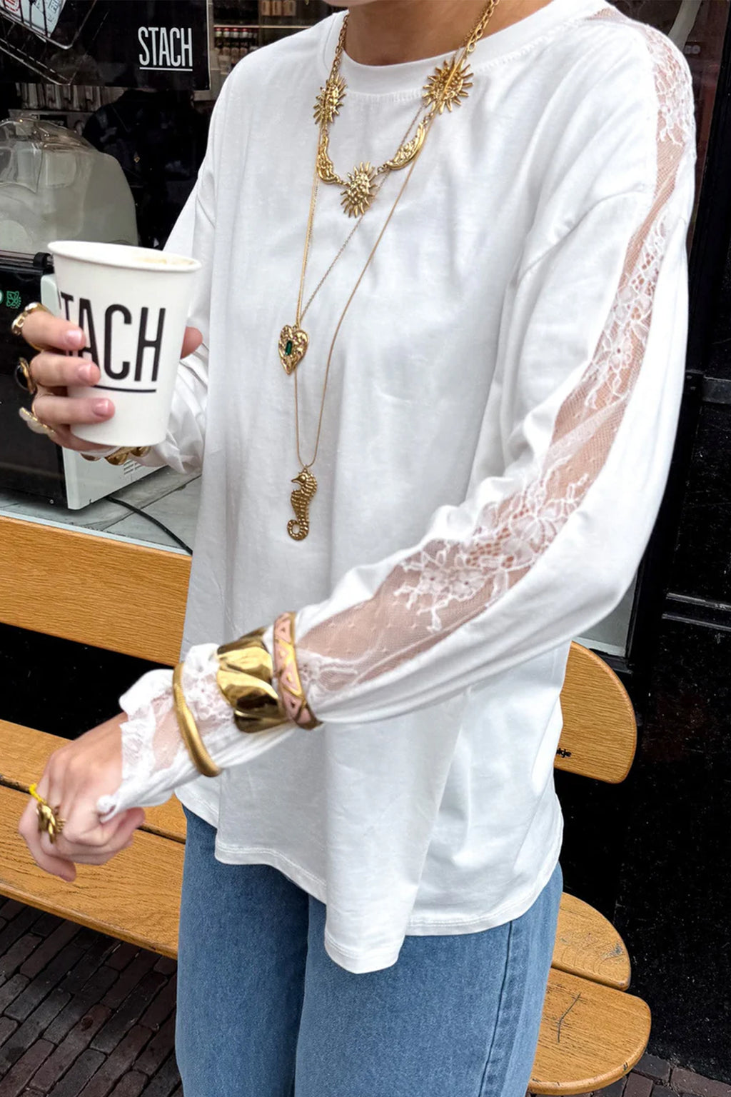 White Sheer Lace Splicing Long Sleeve Shift Top