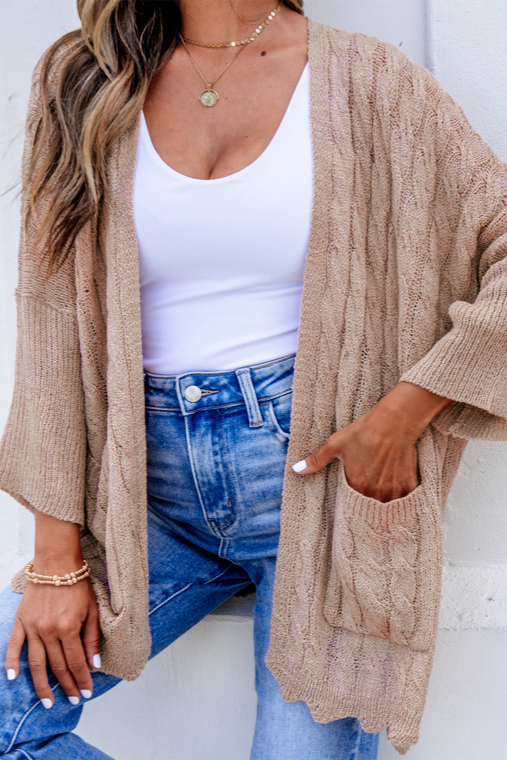Pink Hollowed Pattern Knit Drop Shoulder Open Sweater Cardigan