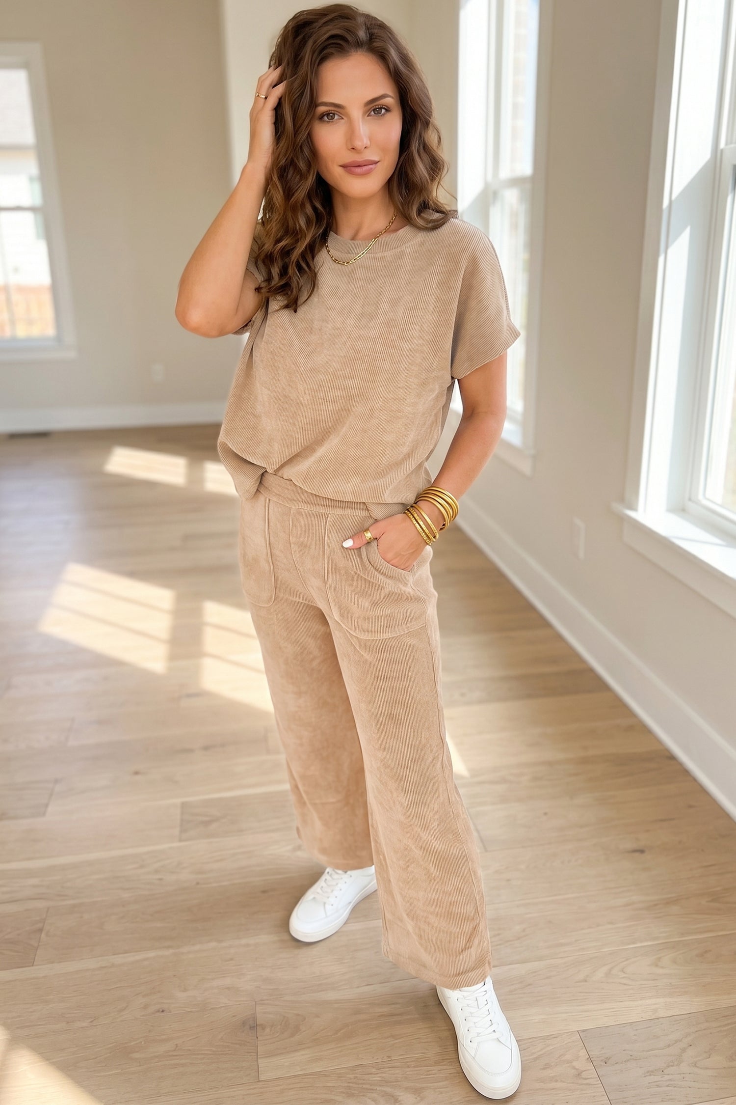 Light French Beige Solid Color Short Sleeve Top Casual Pants 2pcs Corduroy Set