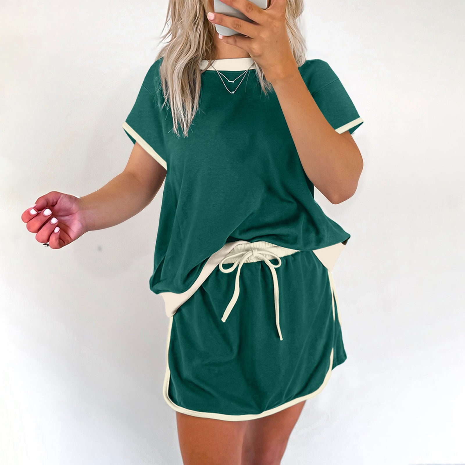 Apricot Colorblock Edge Drop Shoulder T Shirt and Skort 2Pcs Set