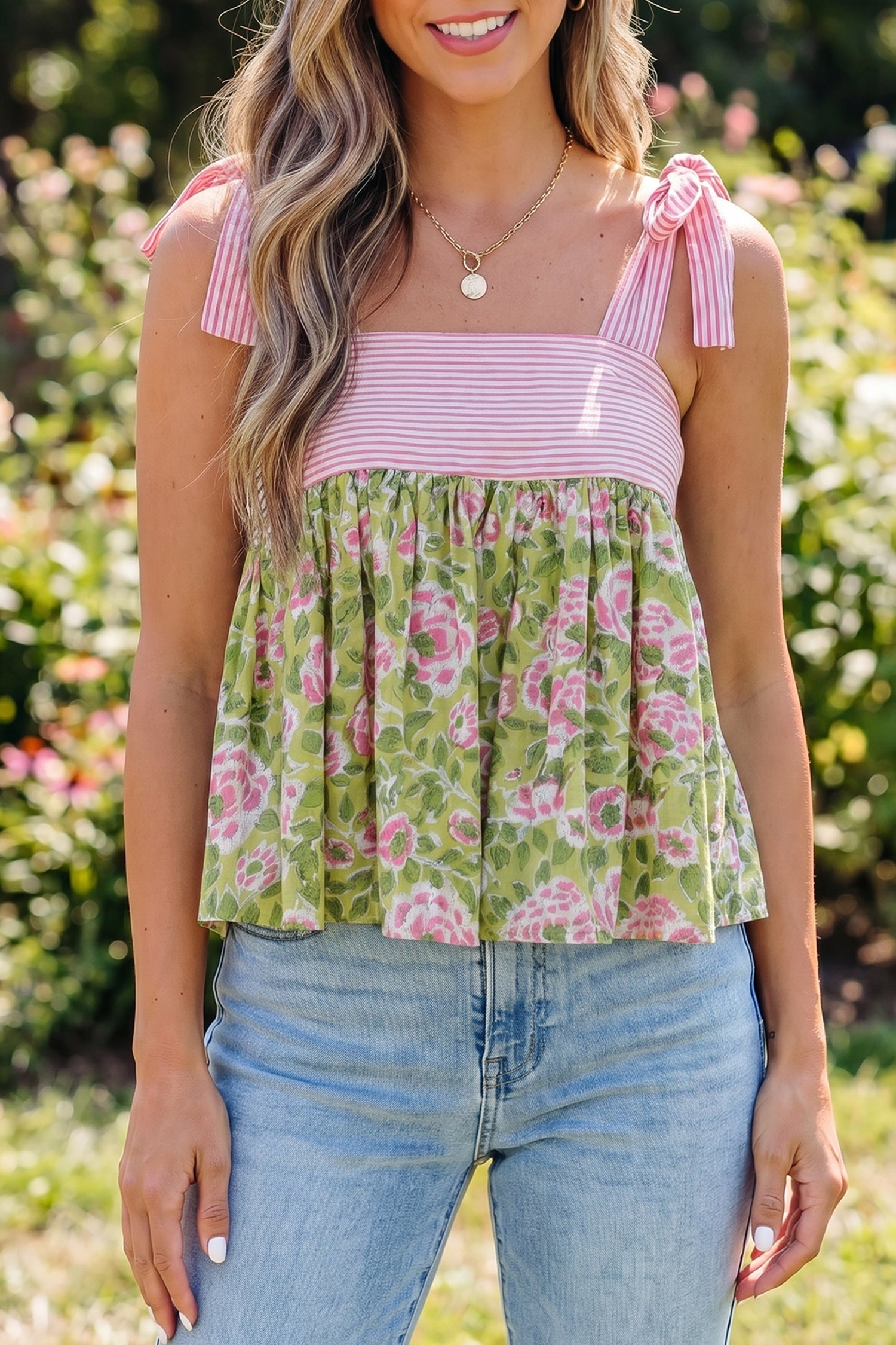 Green Fashion Printed Knot Straps Babydoll Tank Top