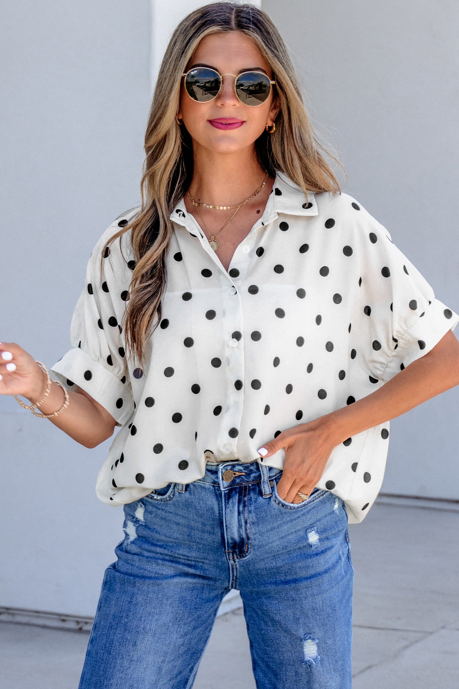 Beige Polka Dot Print Loose Dolman Shirt