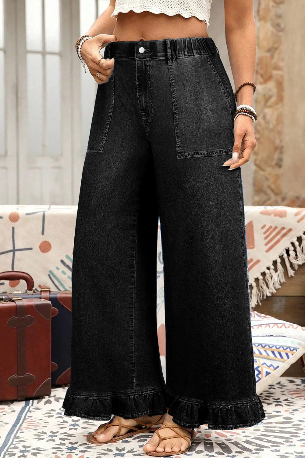 Dirty blue Plus Size Elastic Waist Ruffled Wide Leg Denim Pants