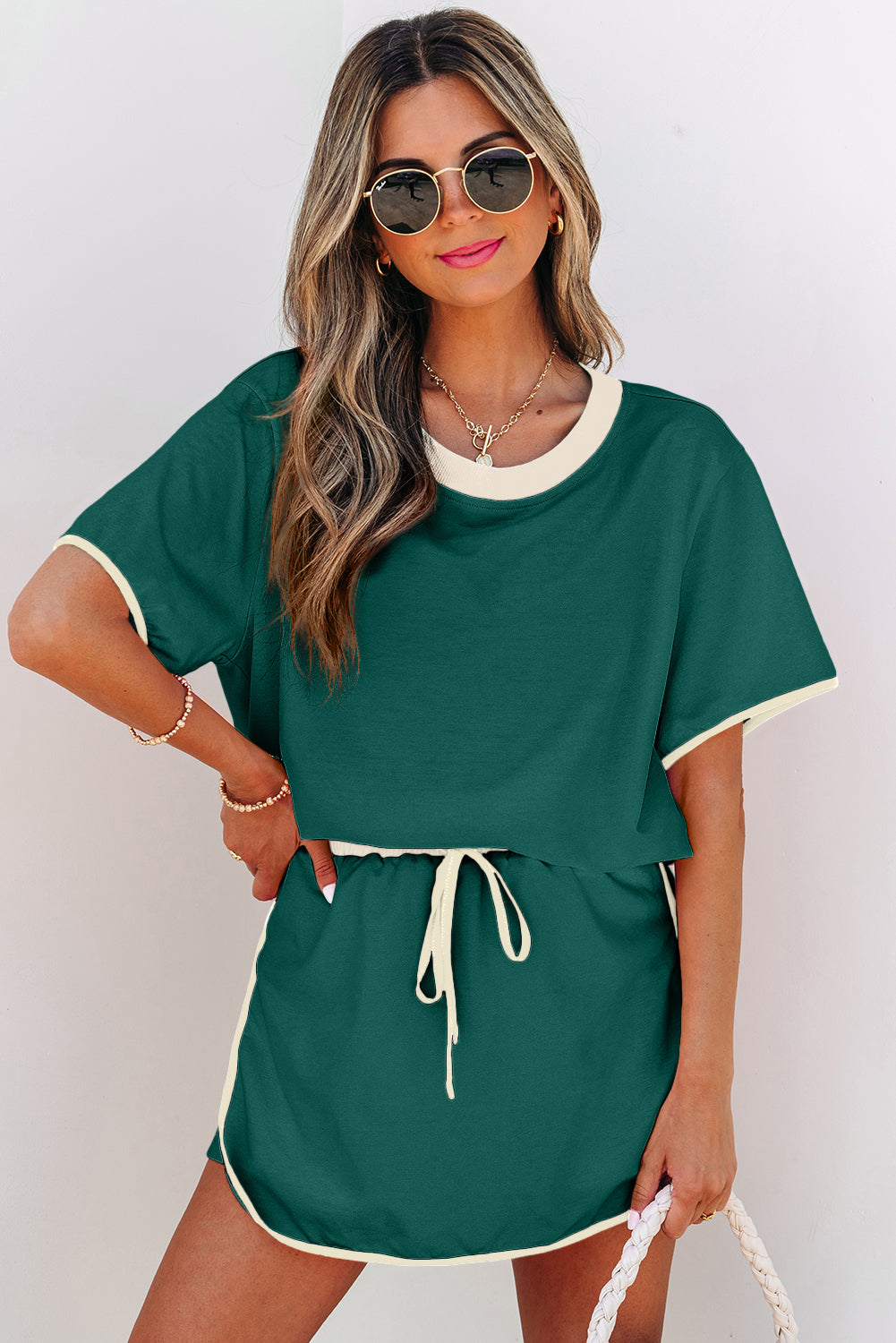 Apricot Colorblock Edge Drop Shoulder T Shirt and Skort 2Pcs Set