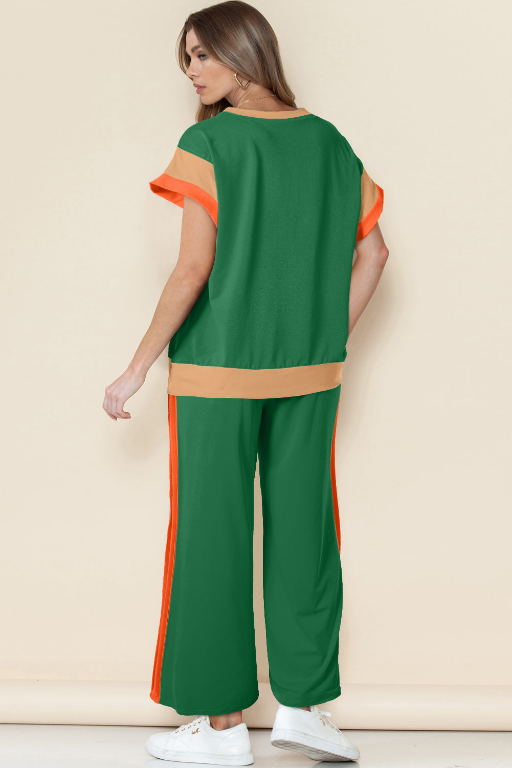 Racing Red Color Block Detail Casual Two-piece Set
