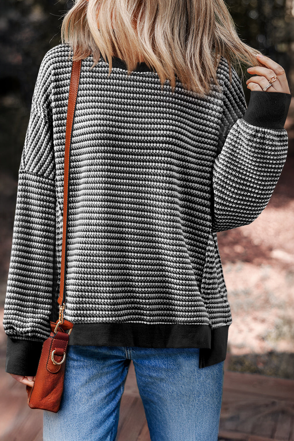 Brown Stripe Ribbed Trim Drop Shoulder Long Sleeve Oversize Top