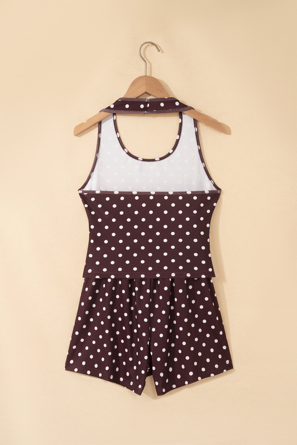 Brown Polka Dot Halter Tank Drawstring Elastic Waist Short Set
