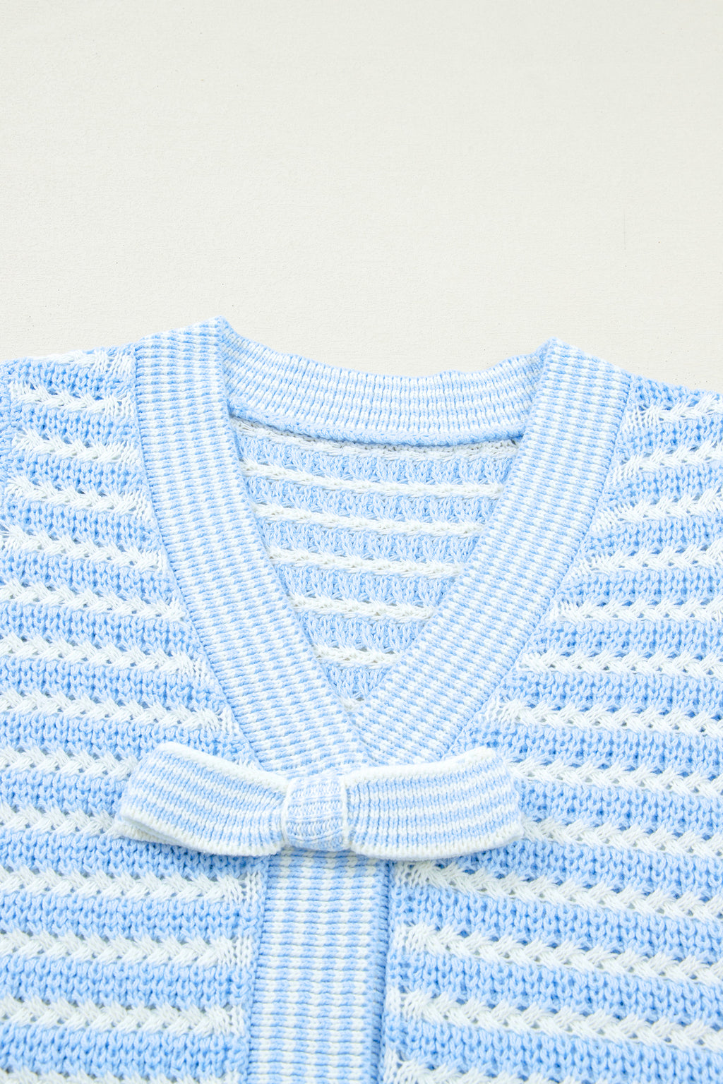 Green Stripe Short Sleeve Knit V Neck Bow Knot Sweater