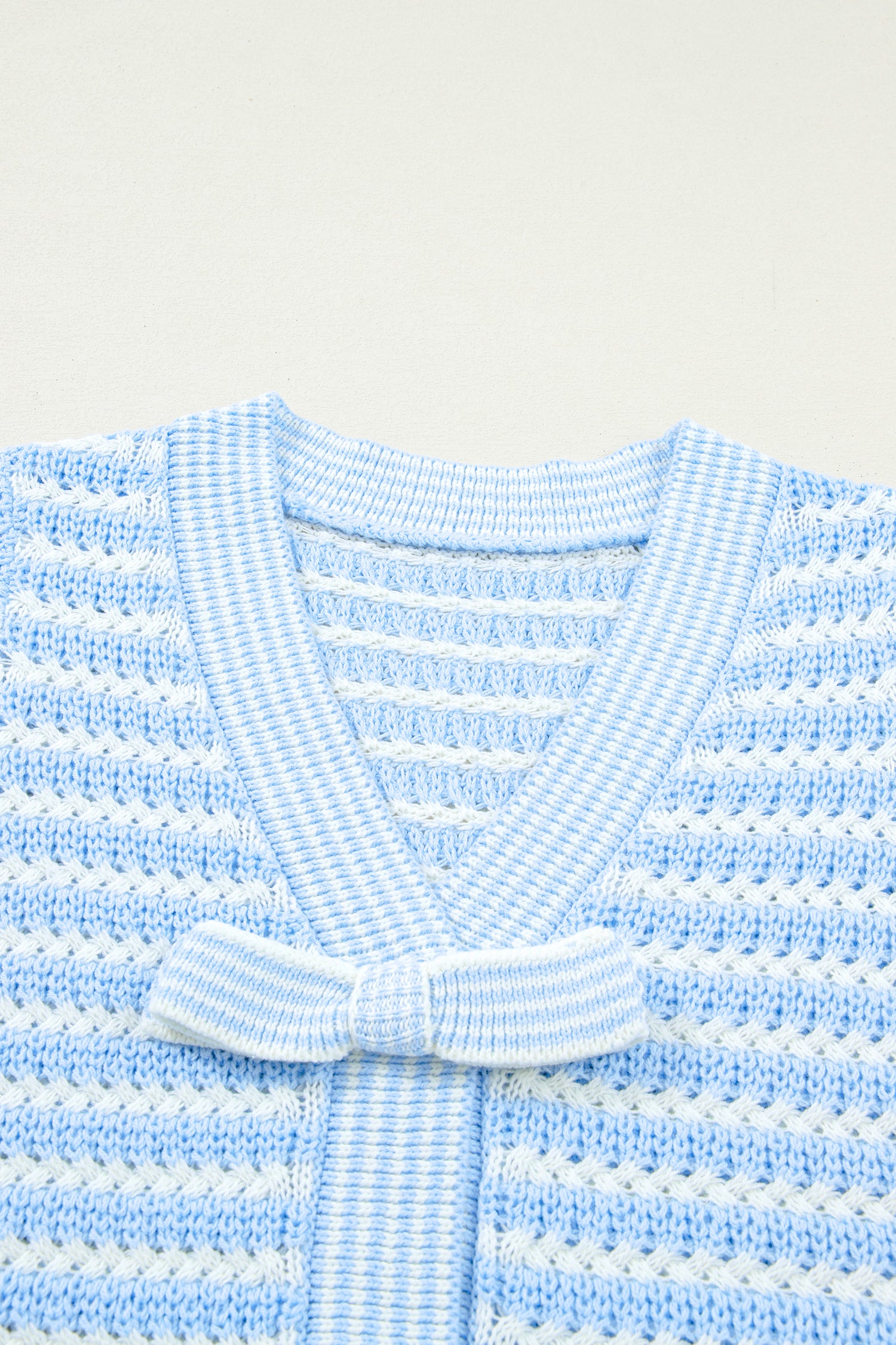 Green Stripe Short Sleeve Knit V Neck Bow Knot Sweater