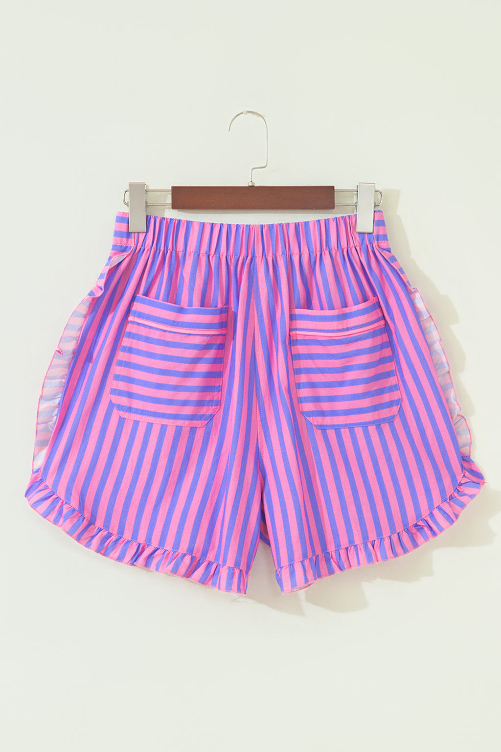 Rose Stripe Elastic Waist Ruffle Trim Casual Shorts