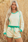 White Contrast Trim Colorblock Long Sleeve Pullover and Drawstring Shorts 2pcs Outfit