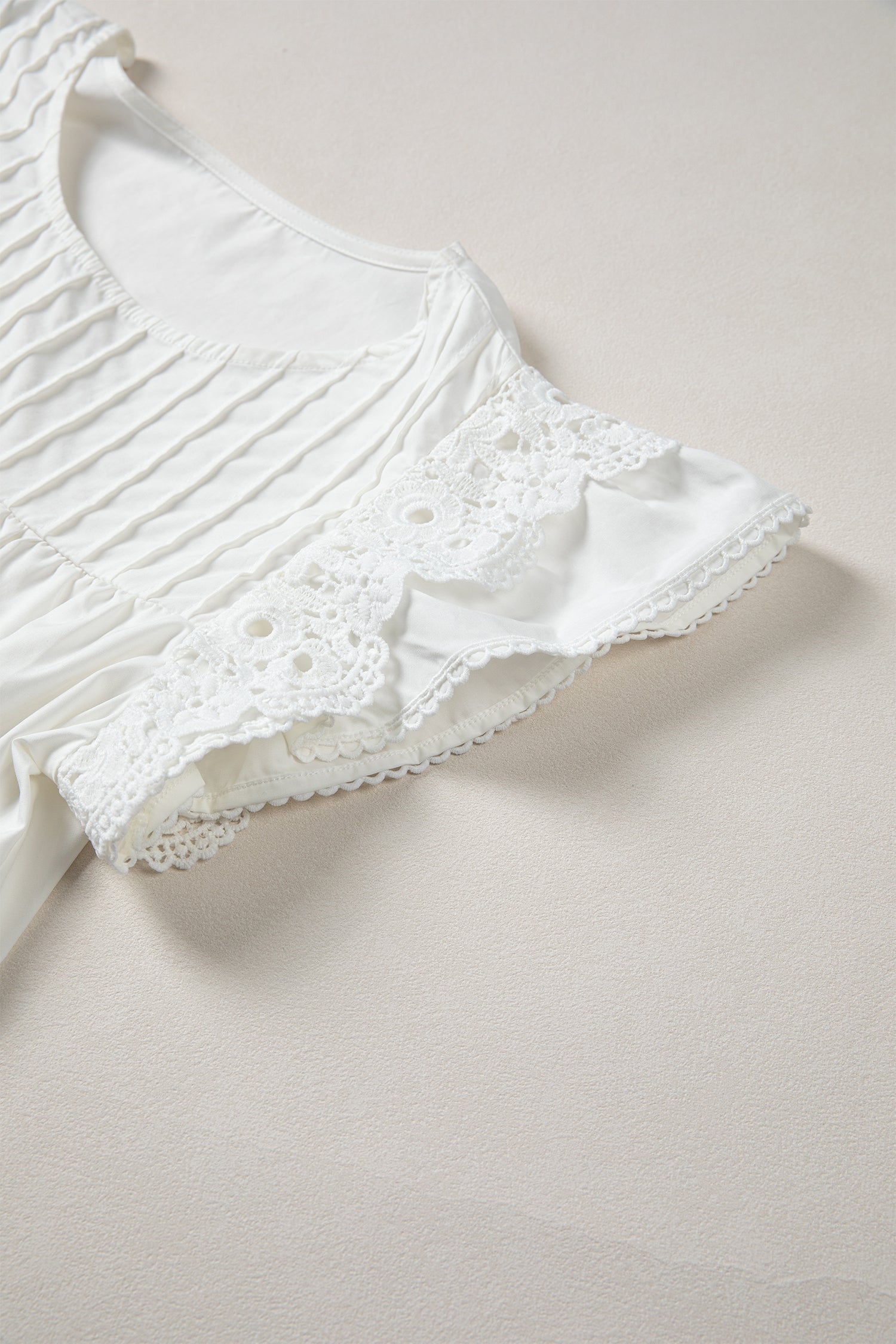 White Lace Detail Flutter Sleeve Pleated Round Neck Blouse