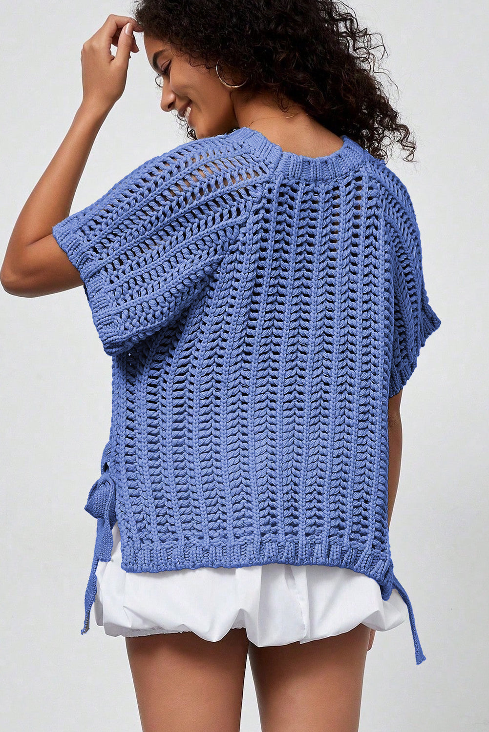Black Plus Size Open Knit Bow Tie Short Sleeve Sweater