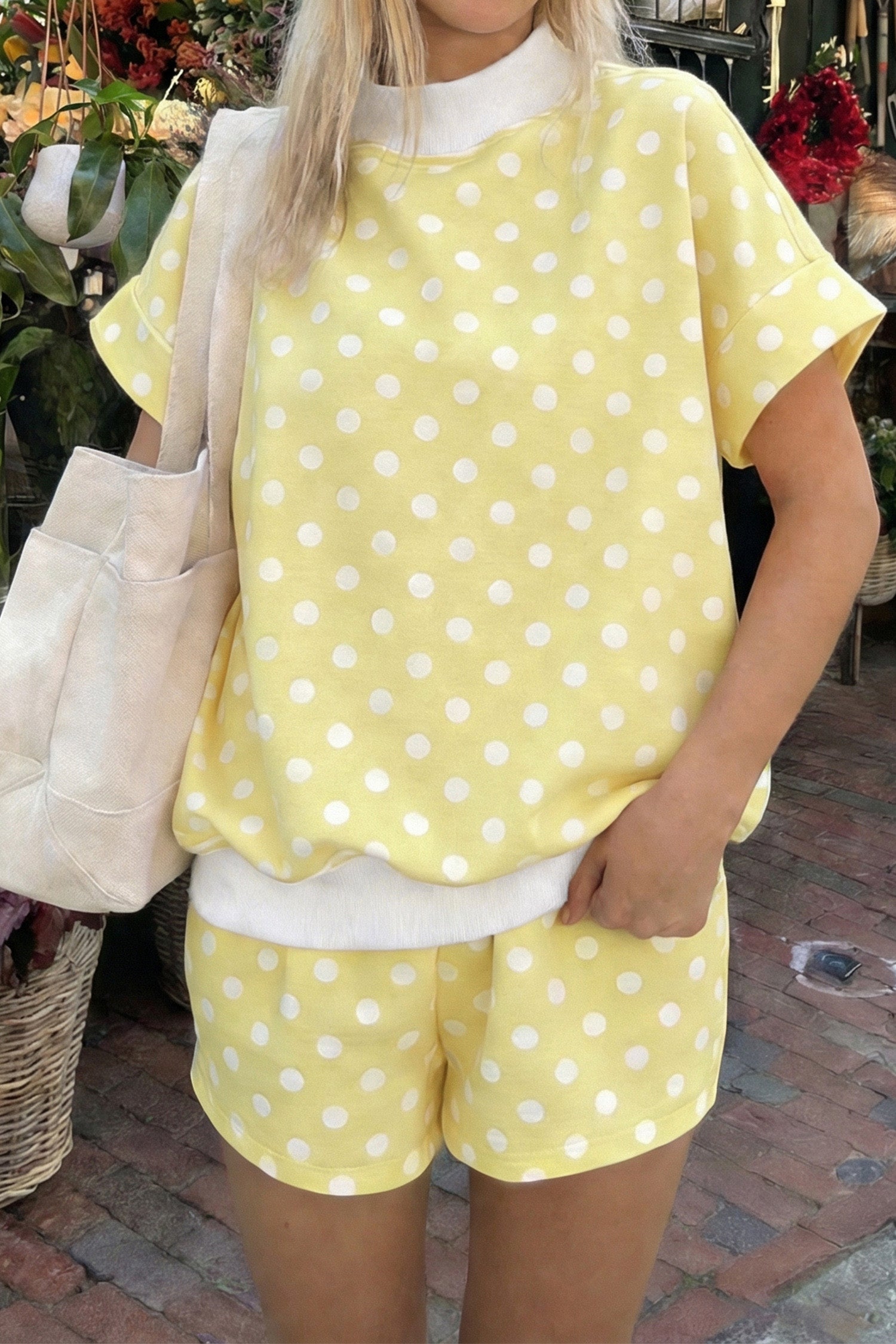 Sky Blue Polka Dot Print Color Block Trim Mock Neck Short Set