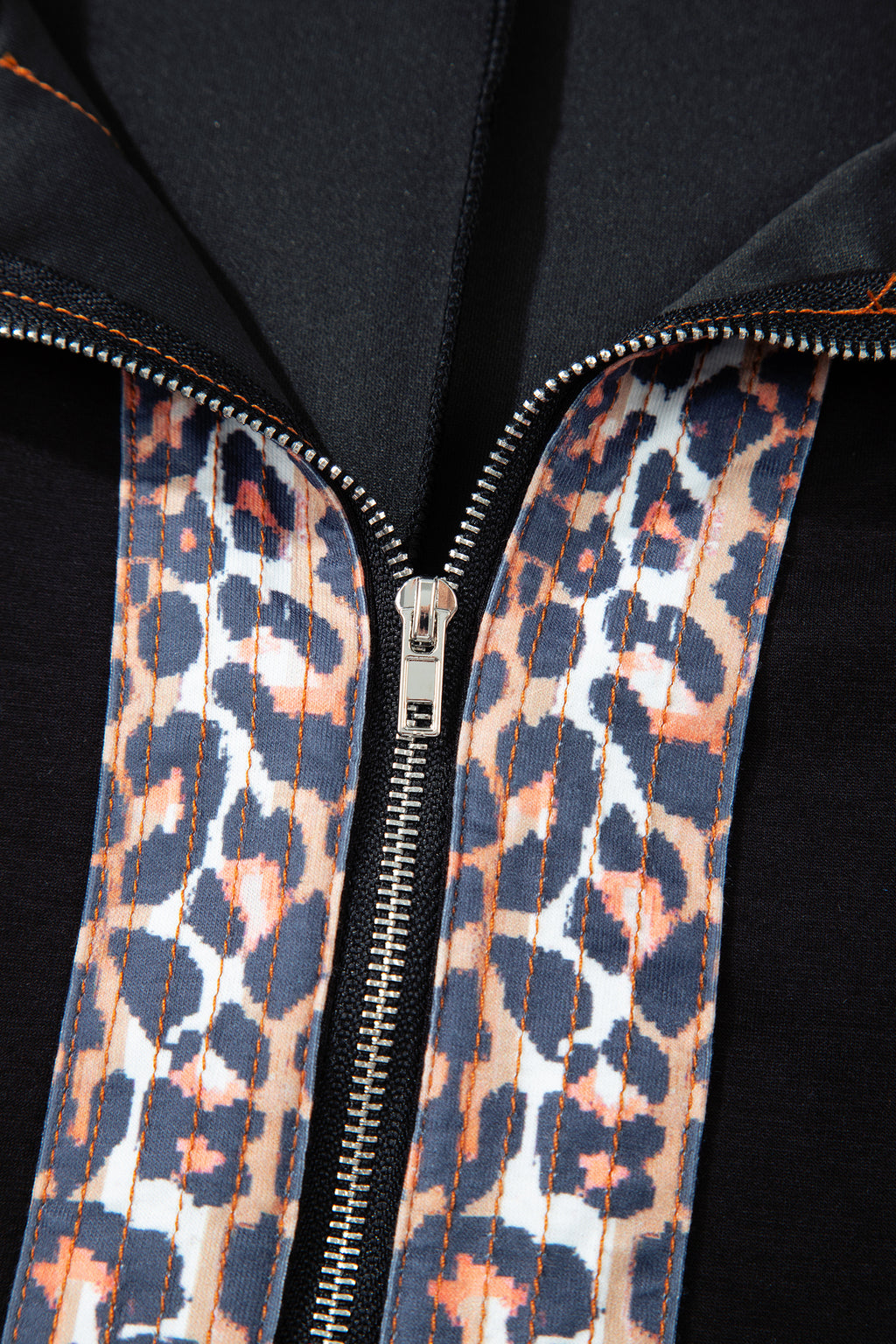 Black Plus Size Leopard Patchwork Half Zip Short Sleeve Top