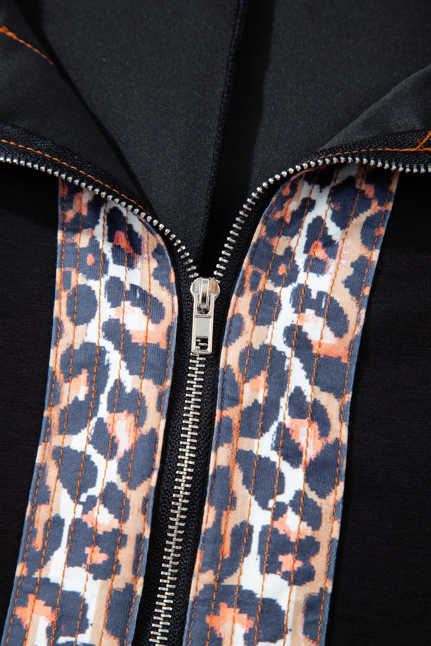 Black Plus Size Leopard Patchwork Half Zip Short Sleeve Top