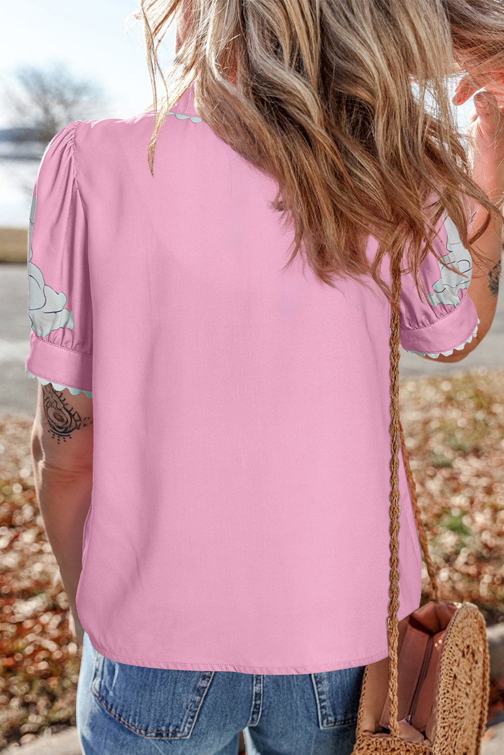 Sky Blue Floral Ric Rac Edge Puff Sleeve Button Up Summer Shirt
