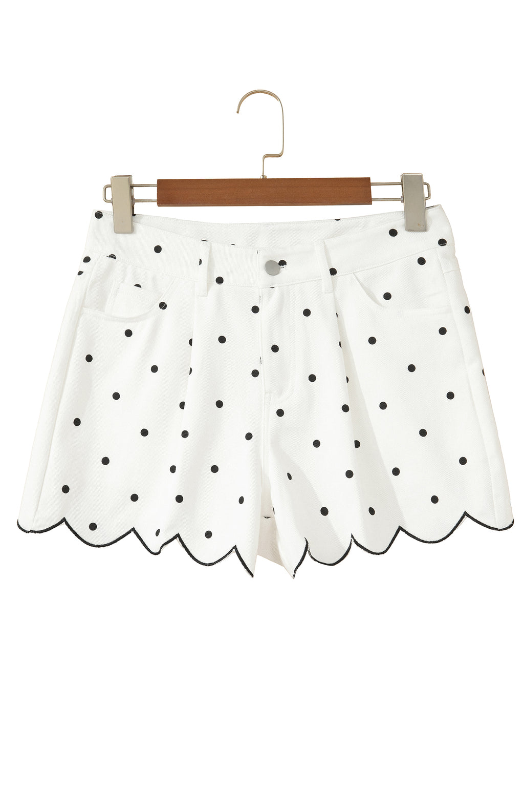 White Polka Dot Print Embroidered Scallop Hem Shorts