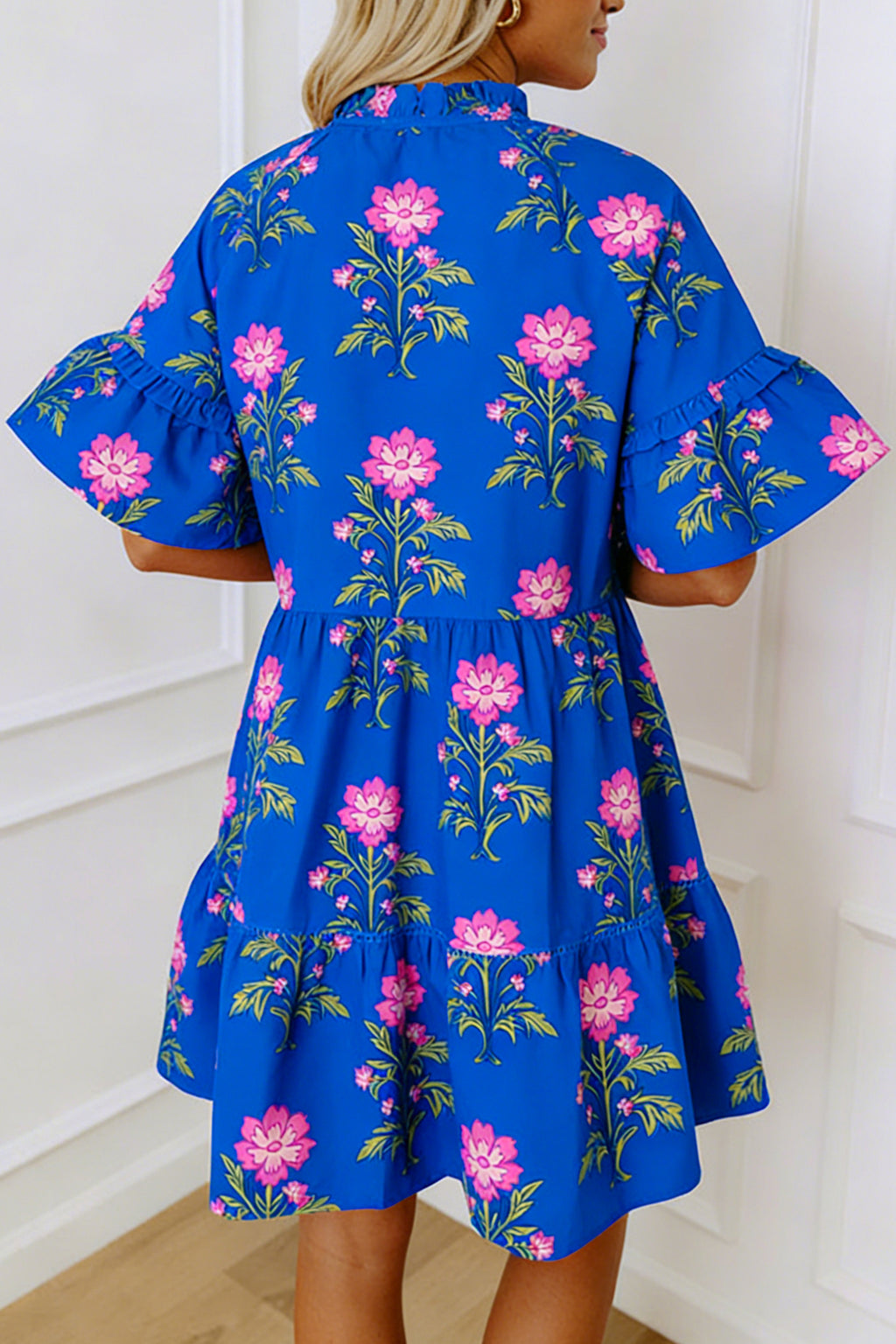 Blue V Neck Short Sleeve Loose Flower Dress