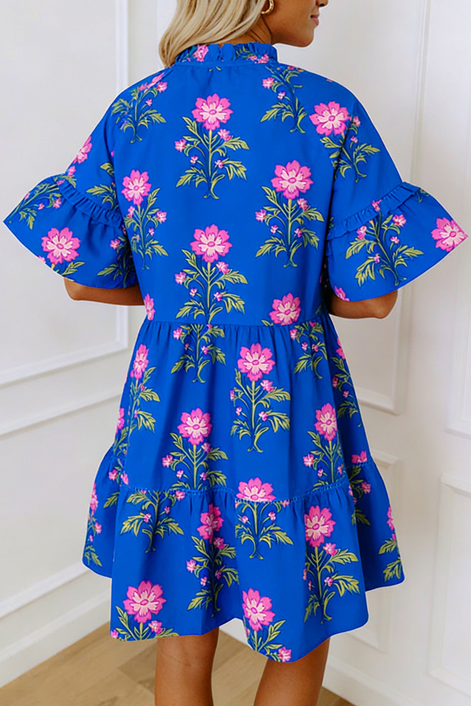 Blue V Neck Short Sleeve Loose Flower Dress