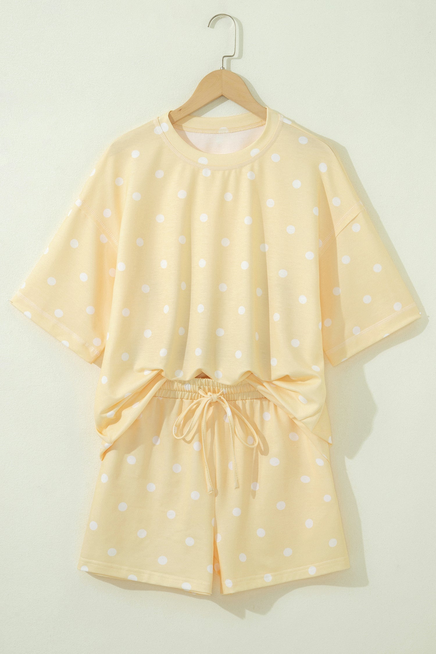 Sky Blue Exposed Seam Detail Polka Dot Loose Tee Drawstring Shorts Set