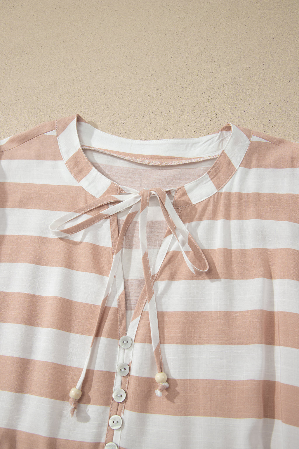 Khaki Stripe Tie V Neck Ruffle Trim Short Sleeve Flared Summer Dress