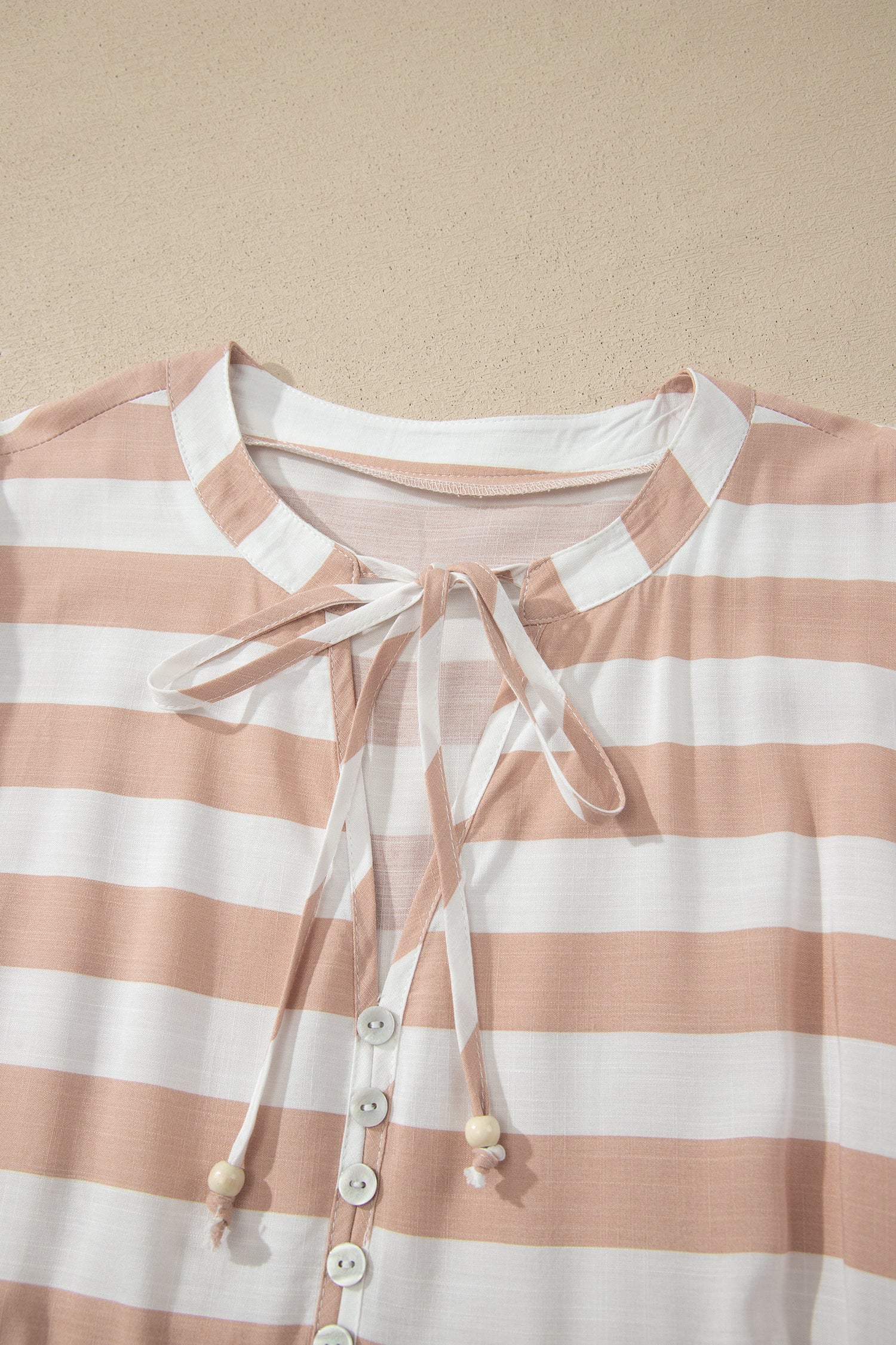 Khaki Stripe Tie V Neck Ruffle Trim Short Sleeve Flared Summer Dress
