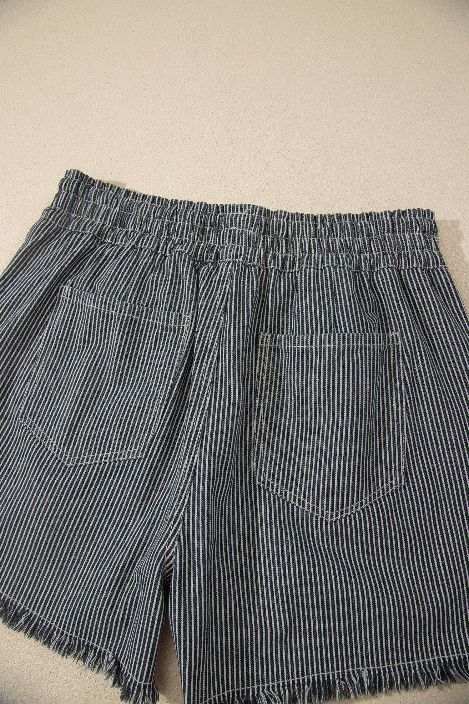 Black Stripe Raw Edge Drawstring Elastic Waist Casual Denim Shorts