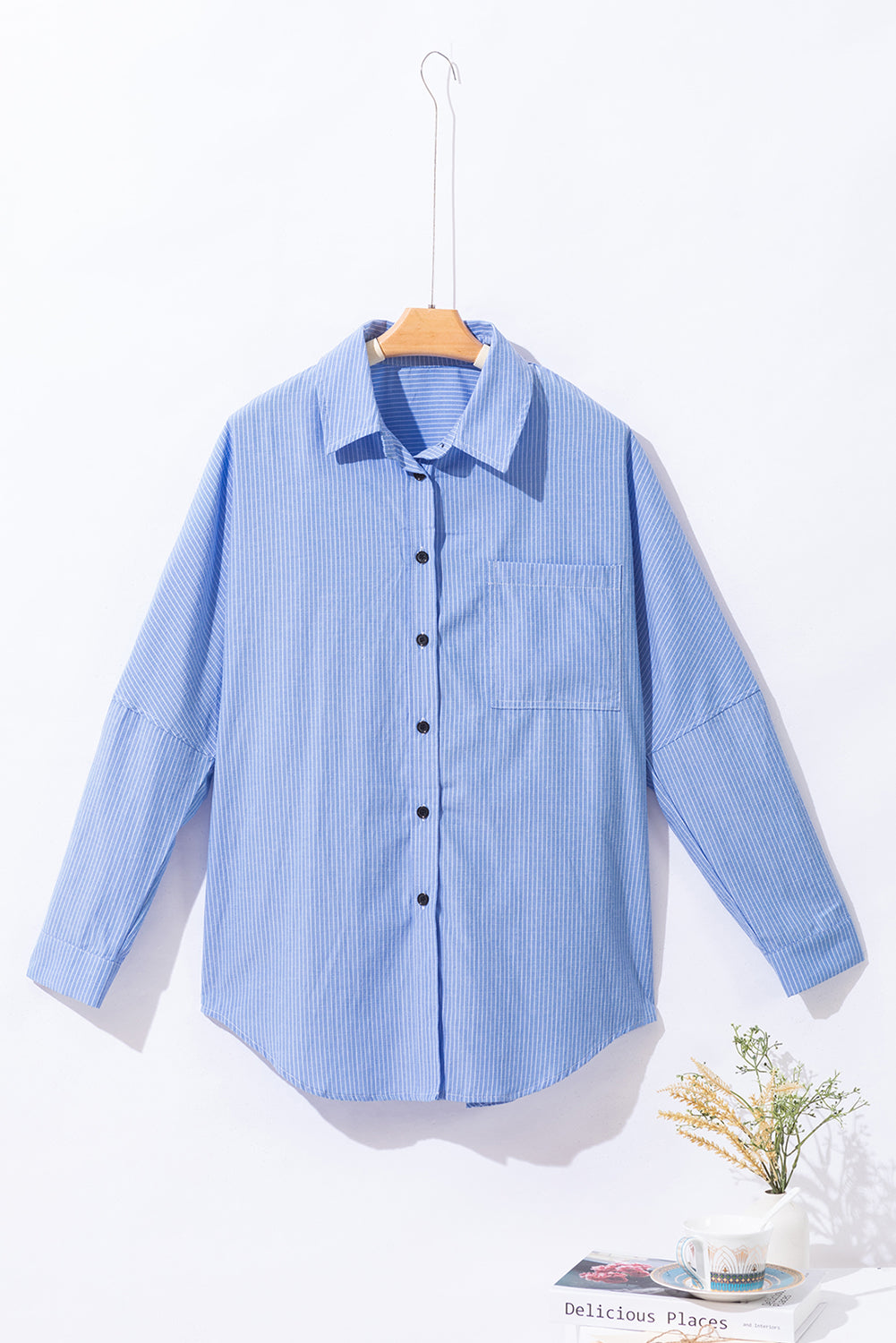 Stripe Roll-tab Sleeve Pocketed Long Shirt