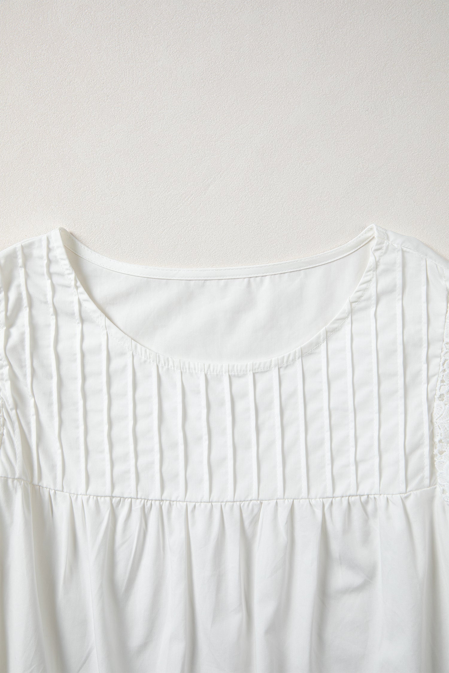 White Lace Detail Flutter Sleeve Pleated Round Neck Blouse